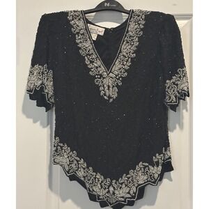 Vintage Kazar Large Silk Top Blouse Women Black White Faux Pearl Beaded Art Deco